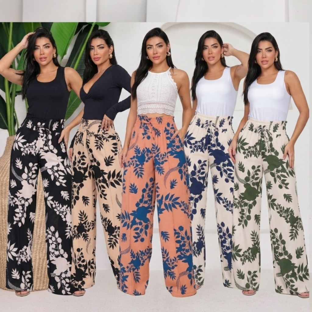 CALÇA PANTALONA ESTAMPADO FEMININA COM FORRO E BOLSOS – MODELAGEM WIDE LEG – ENVIO RÁPIDO
