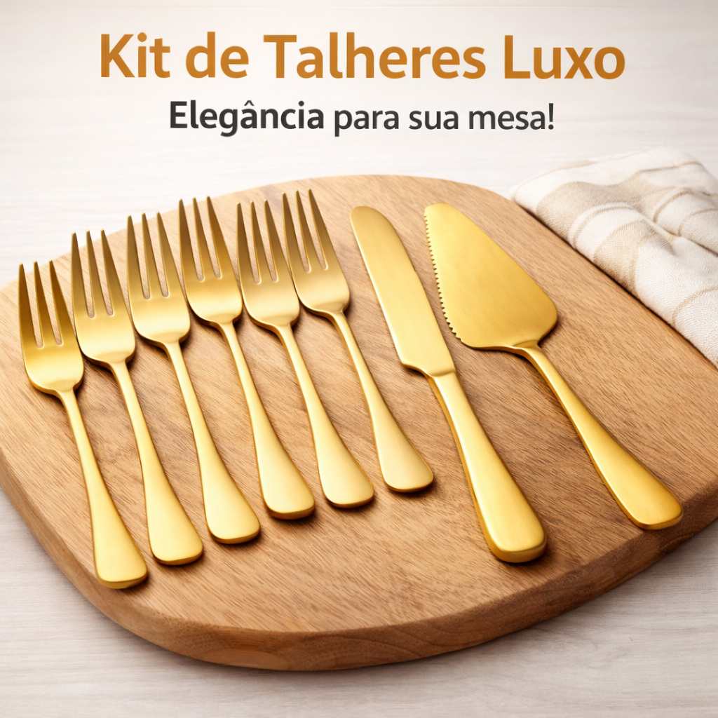 Kit Talheres Sobremesa Dourado 8 Peças Inox Premium Pá Faca Garfos Bolo Torta Pizza Luxo