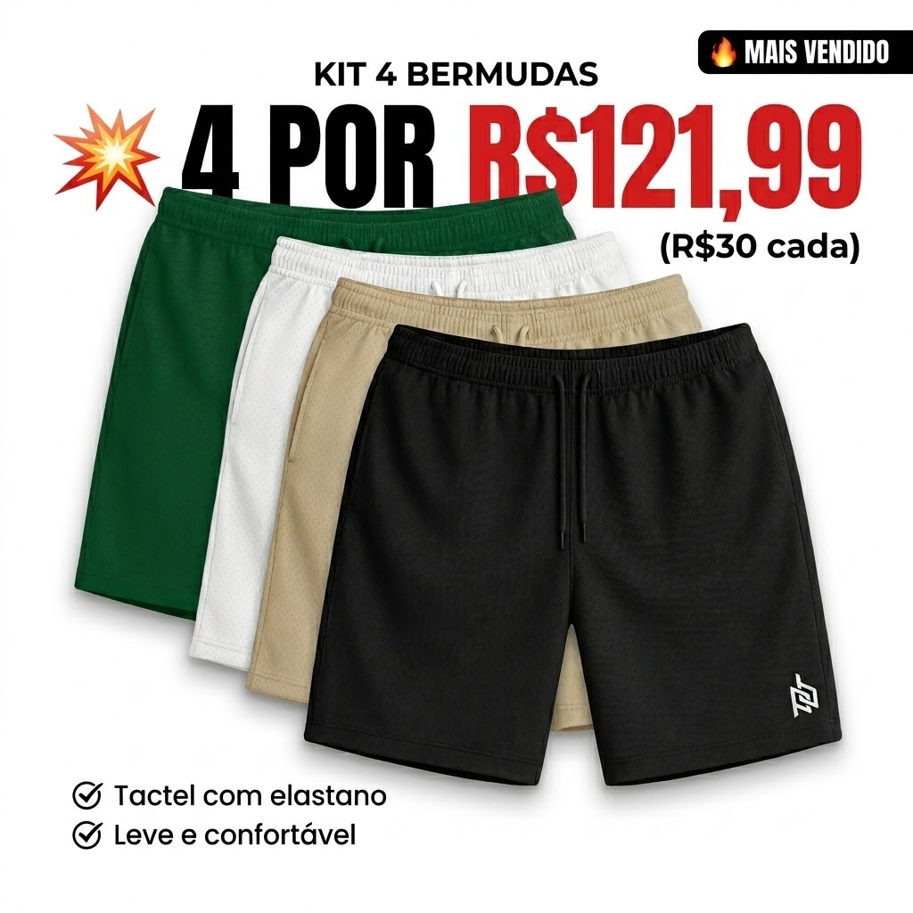 Kit 4 Bermudas Masculinas Tactel Elastano Academia Fitness Conforto Premium Leve  💥 Esse aqui: