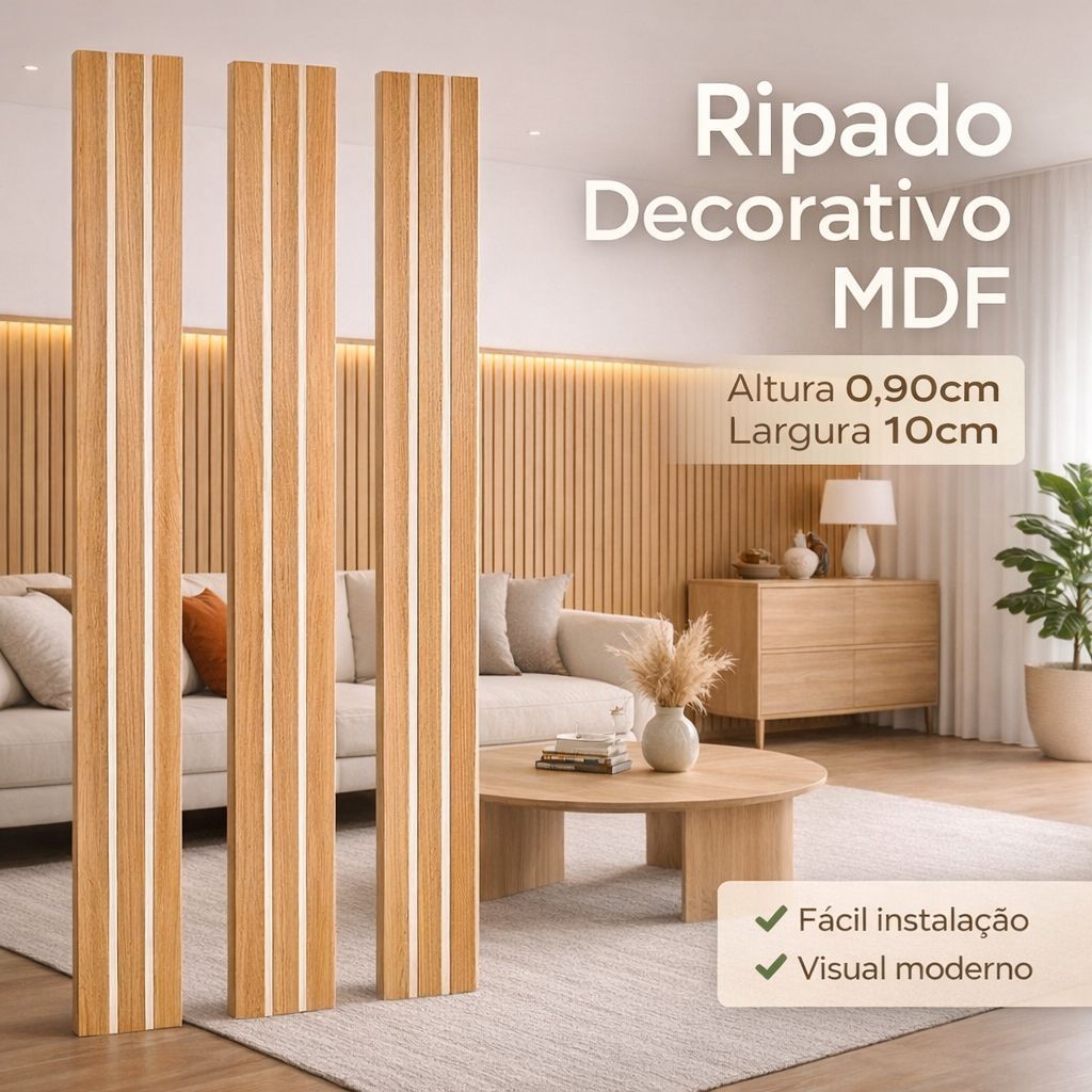 Kit Até 40 Ripados MDF Premium 90x10 Painel Grande Decorativo Parede Autocolante Sala Tv Escritório