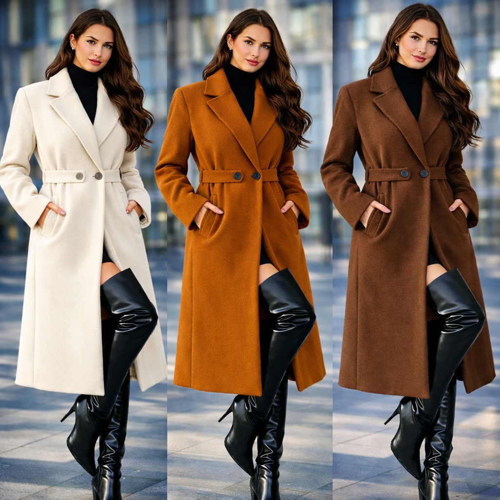 Casaco Sobretudo Feminino Elegante Com Cinto La Batida Inverno Luxo Cor Solido