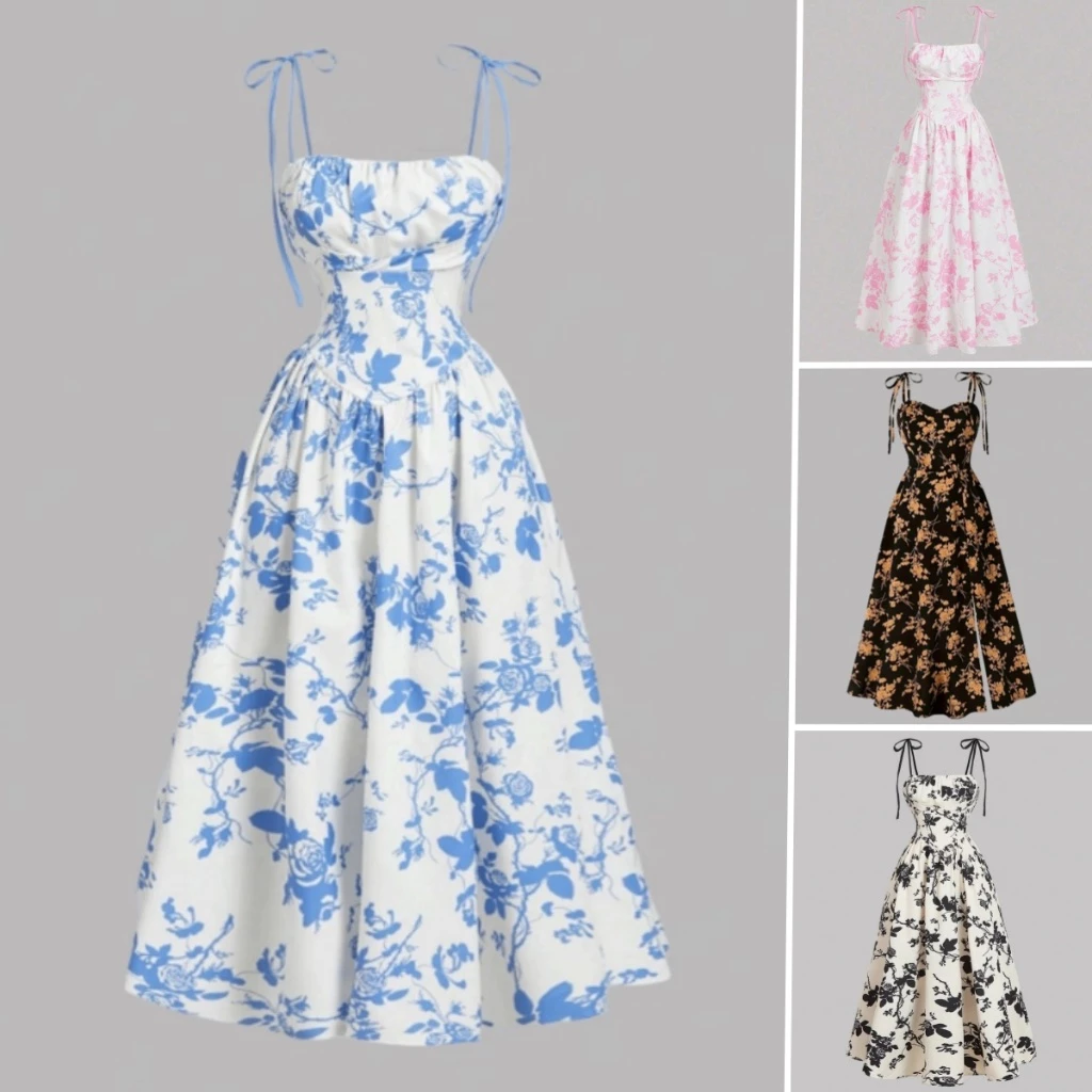 Vestido Feminino Midi Elegante Com Romântico Floral Estampa Para Sem Mangas Mulheres — imagem 1