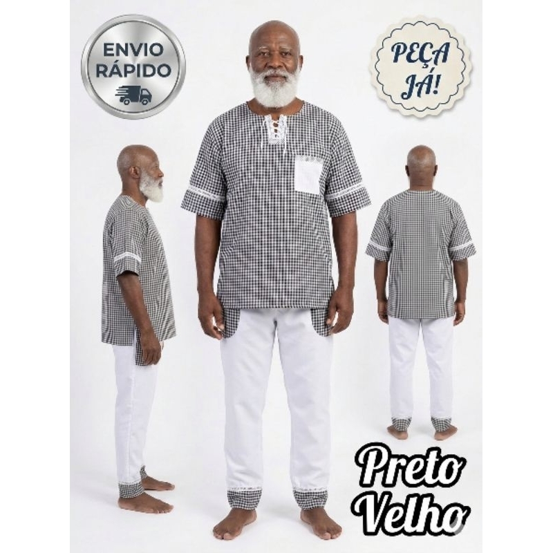 Conjunto Preto Velho Carijó com bolso Umbanda/Candomblé/Omolokô Roupa Gira