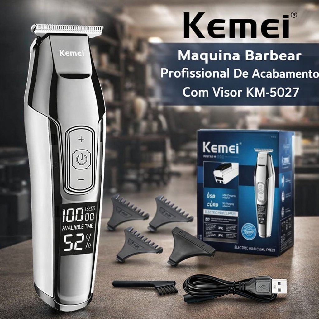 Máquina De Acabamento Kemei KM-5027 Profissional Barba Cabelo Visor LCD Recarregável
