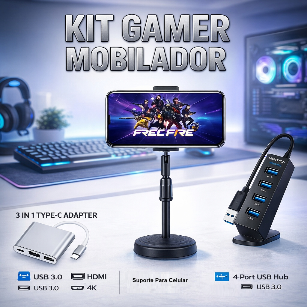 Kit Mobilador Gamer Hub 4 portas Adaptador Suporte Ajustavel Resistente Celular Jogos Mobile Online