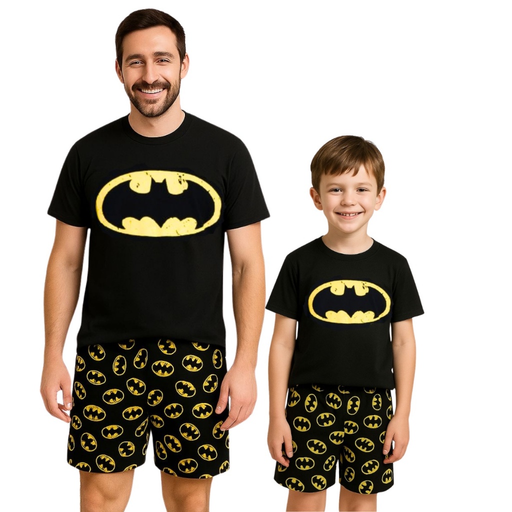 Kit Pai e Filho Batman Pijamas Masculino Linha Noite Confortável Verão Estampado Super Herói Dia Dos Pais