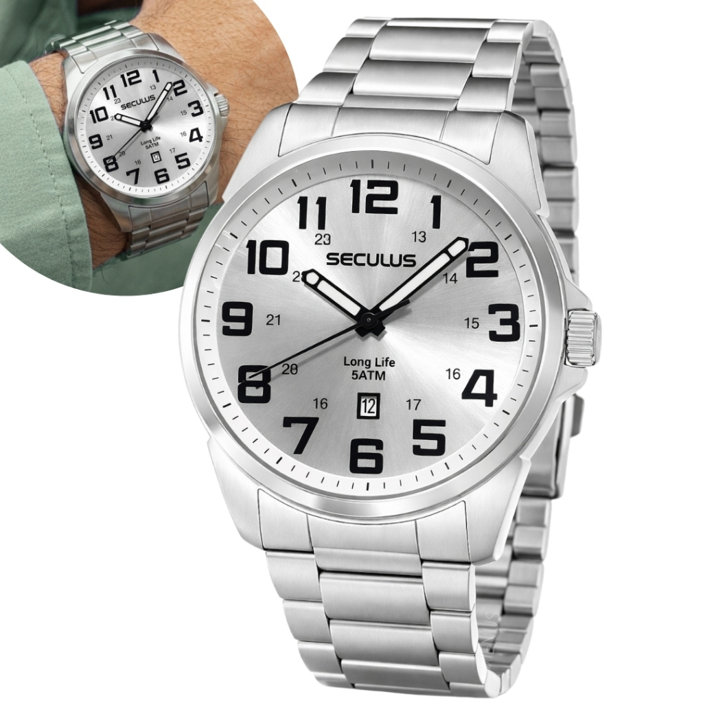 Relógio Seculus Masculino Analógico Quartz Esportivo Casual Prata Com Pulseira Aço Inox Prova D'água 50 Metros Original