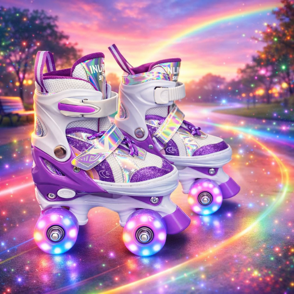 Patins Lindo Arco Íris Quad  Rainbowstars com LED em todas as rodinhas + Bolsa