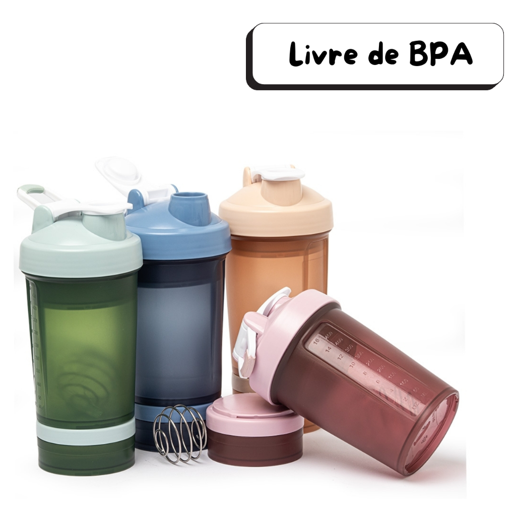 Coqueteleira 500 ml Livre de BPA com Mola Misturadora e 2 Compartimentos para Whey Shake Academia