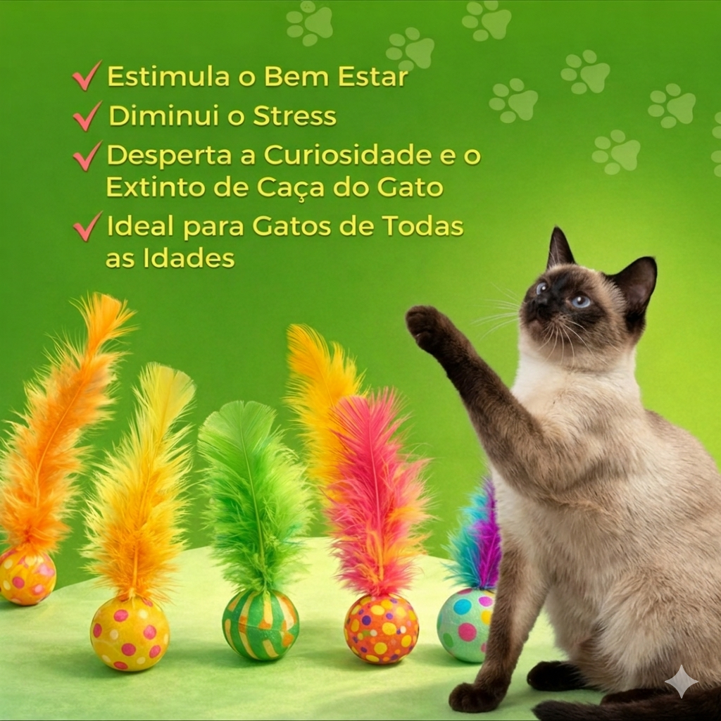 kit com 6 Brinquedos sortidos Gato bolinha pula pula de silicone com penas