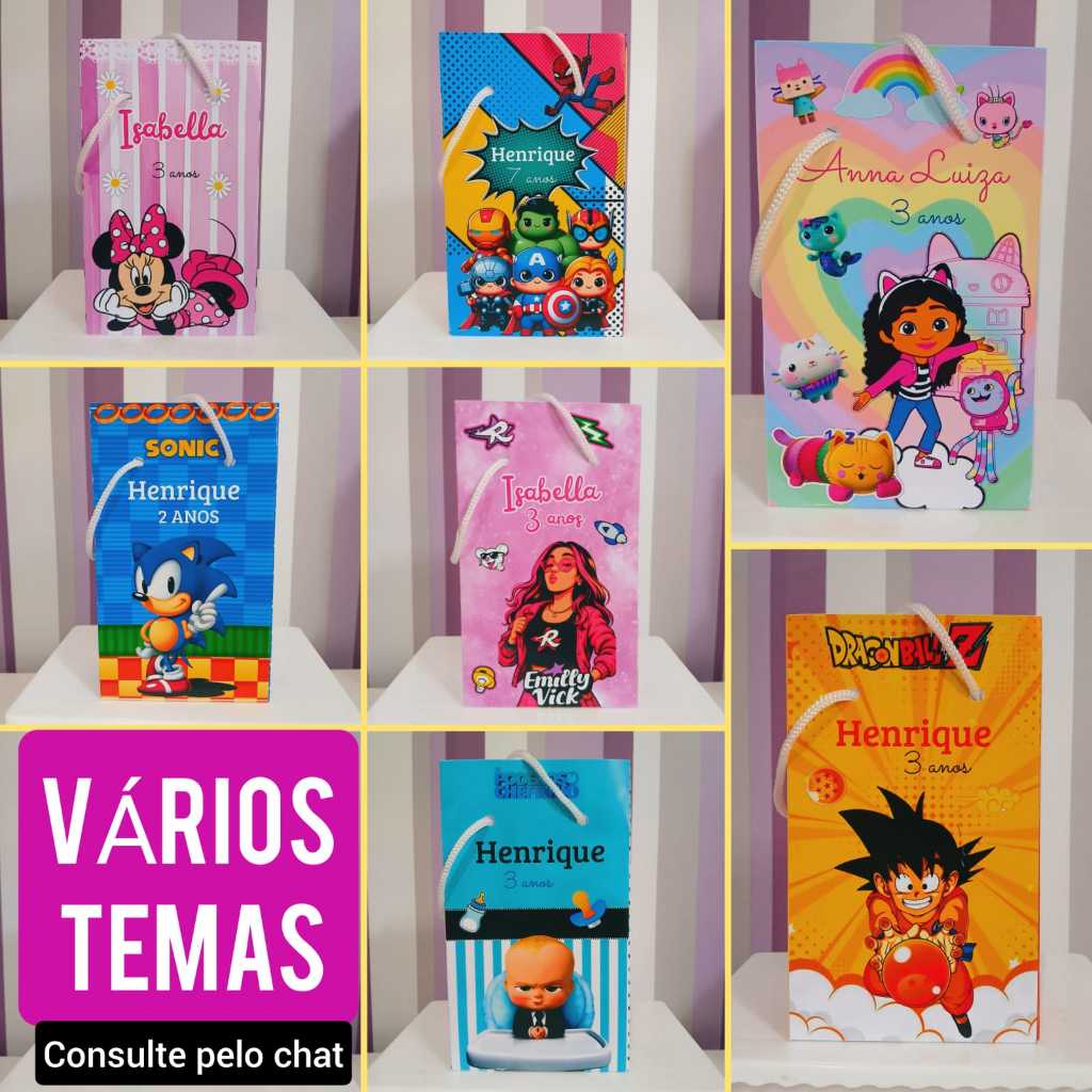 Sacolinha Surpresa Personalizada - Lembrancinha Aniversário - Tamanho P - PEGUE E MONTE - VÁRIOS TEMAS