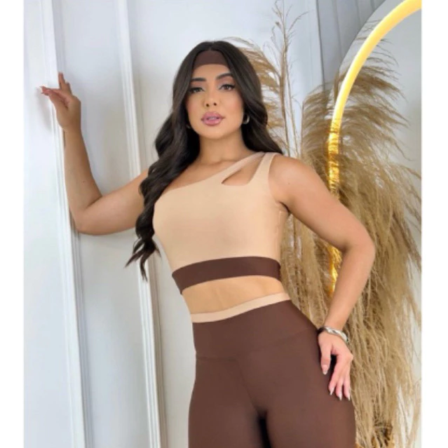 Roupa de Academia Feminina Fitness Conjunto Top Calça Legging Bicolor Treino — imagem 1