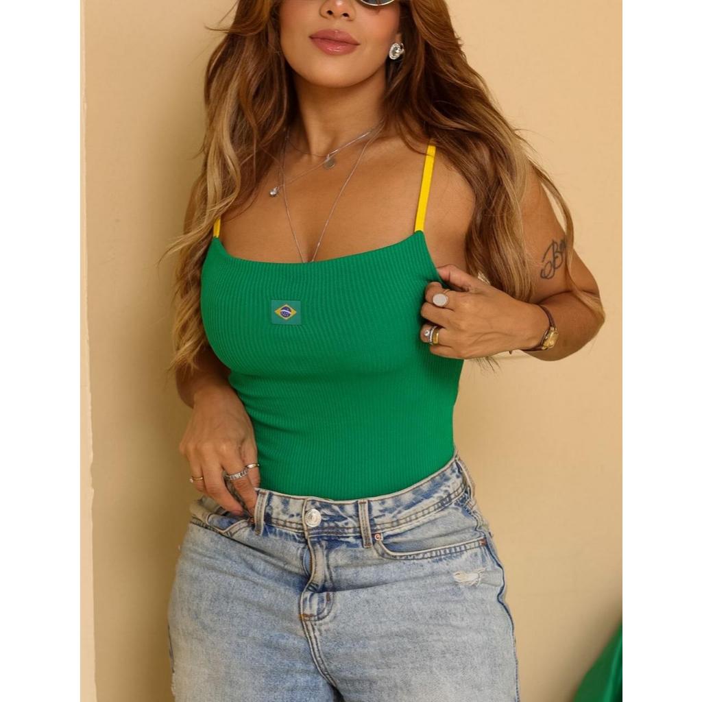 Body Feminino Alcinha Fina com Forro Tecido Anarruga Canelado Atoalhado Estilo Blogueira Copa Brasil