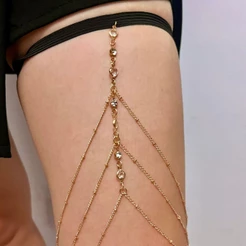 Corrente de Coxa Feminina Dourada com Strass Body Chain Perna Ajustável Sexy Delicada Festa Praia Moda