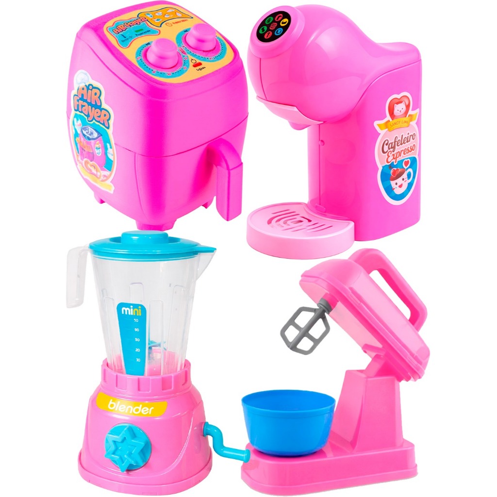 CONJUNTO COM LIQUIDIFICADOR BATEDEIRA CAFETEIRA E AIRFRYER BRINQUEDO FAZ DE CONTA