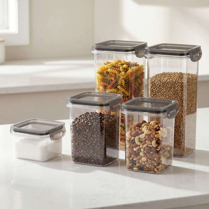 Kit 5 Potes Porta Mantimentos Cristal com Trava Mais 2-1,24L, 2-830ML e 1-380ML