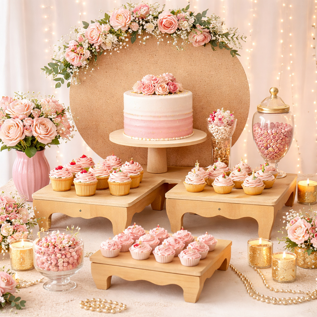 Kit Mini Painel Redondo 30x30cm + Trio Bandeja Banquinho Para Decoração Festa em MDF