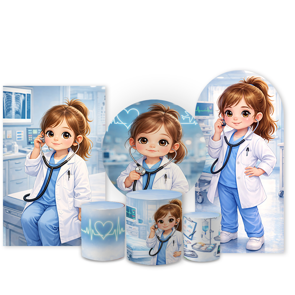 Kit Festa Médica Infantil Promoção Painel Redondo Cilindros Decoração Hospital Doutora Festa