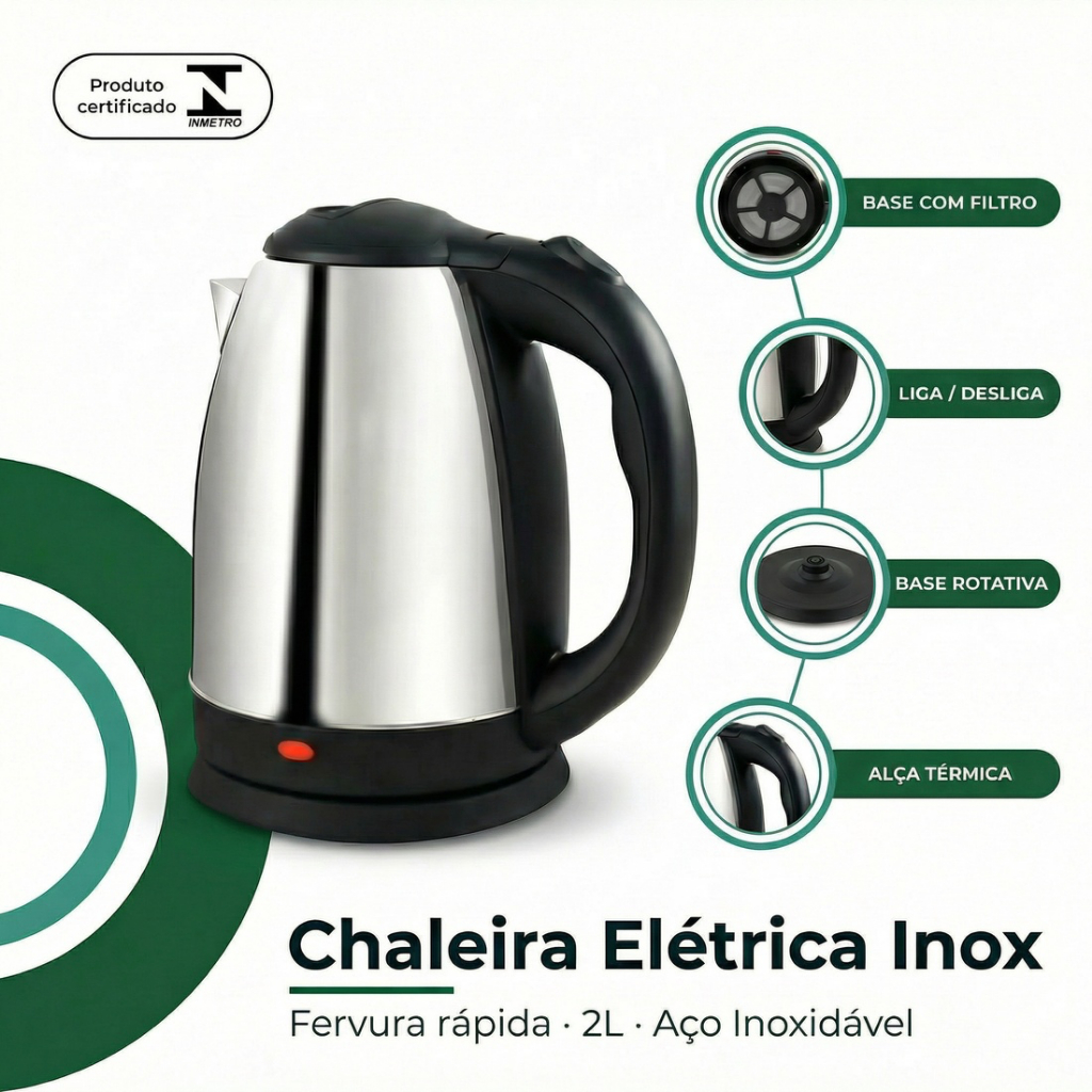 Chaleira Elétrica Inox 2 Litros Jarra Térmica Desligamento Automático Ferve Água Rápido Café Chá