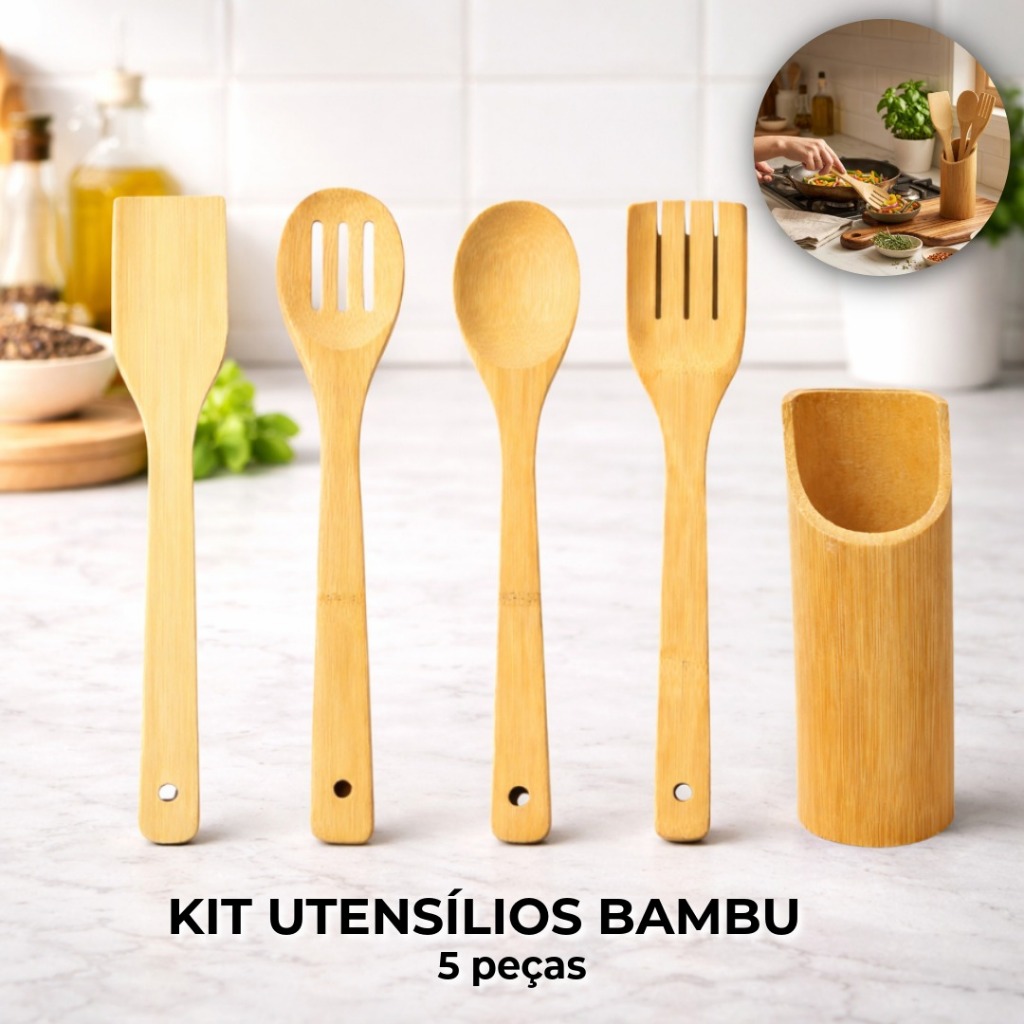 KIT Utensílios de BAMBU 5 peças Utensílios Cozinha Casa Colher Espátula Suporte Anti Fungos