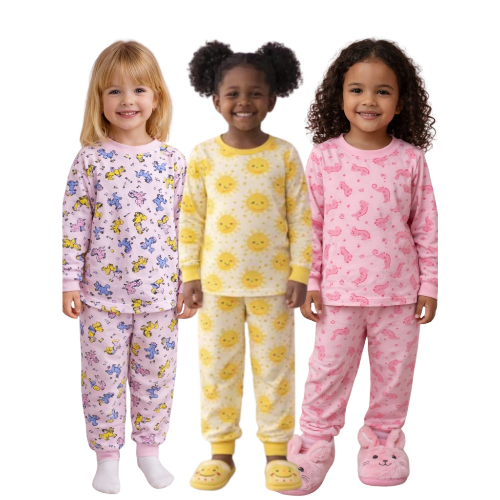 Kit 6 Peças Pijama Infantil Estampado Menina Manino 3 Blusas Manga Longa 3 Calças Punho Para Dormir