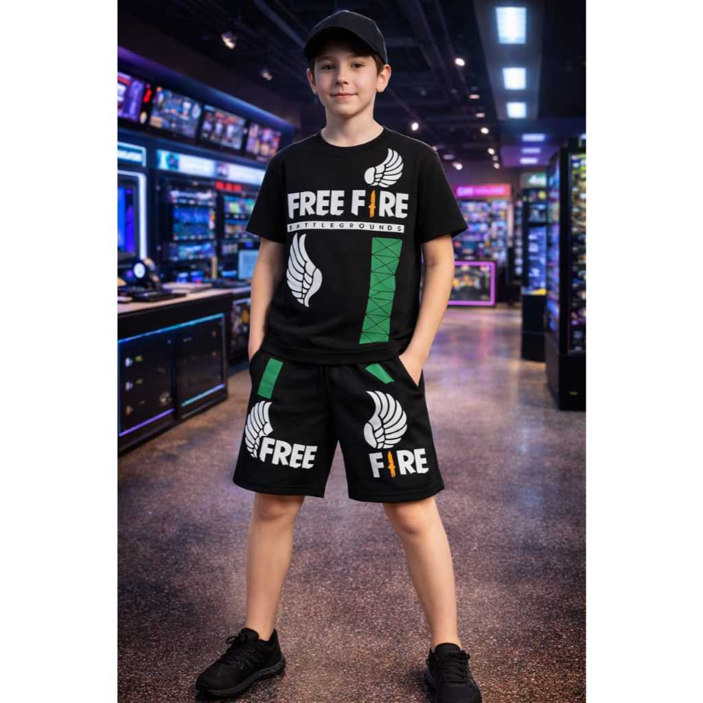 Conjunto Camisa e Bermuda Masculino Infantil Juvenil Jogo Free Fire Verde Azul Vermelho 2 aos 14