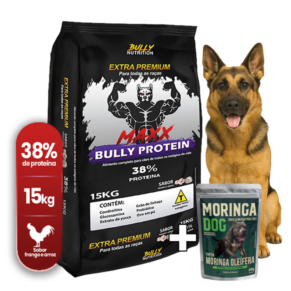 Ração Cães Pastor Alemão Maxx Protein Extra Premium 15Kg + Ganhe Moringa Dog 60g + Moringa Dog 60g