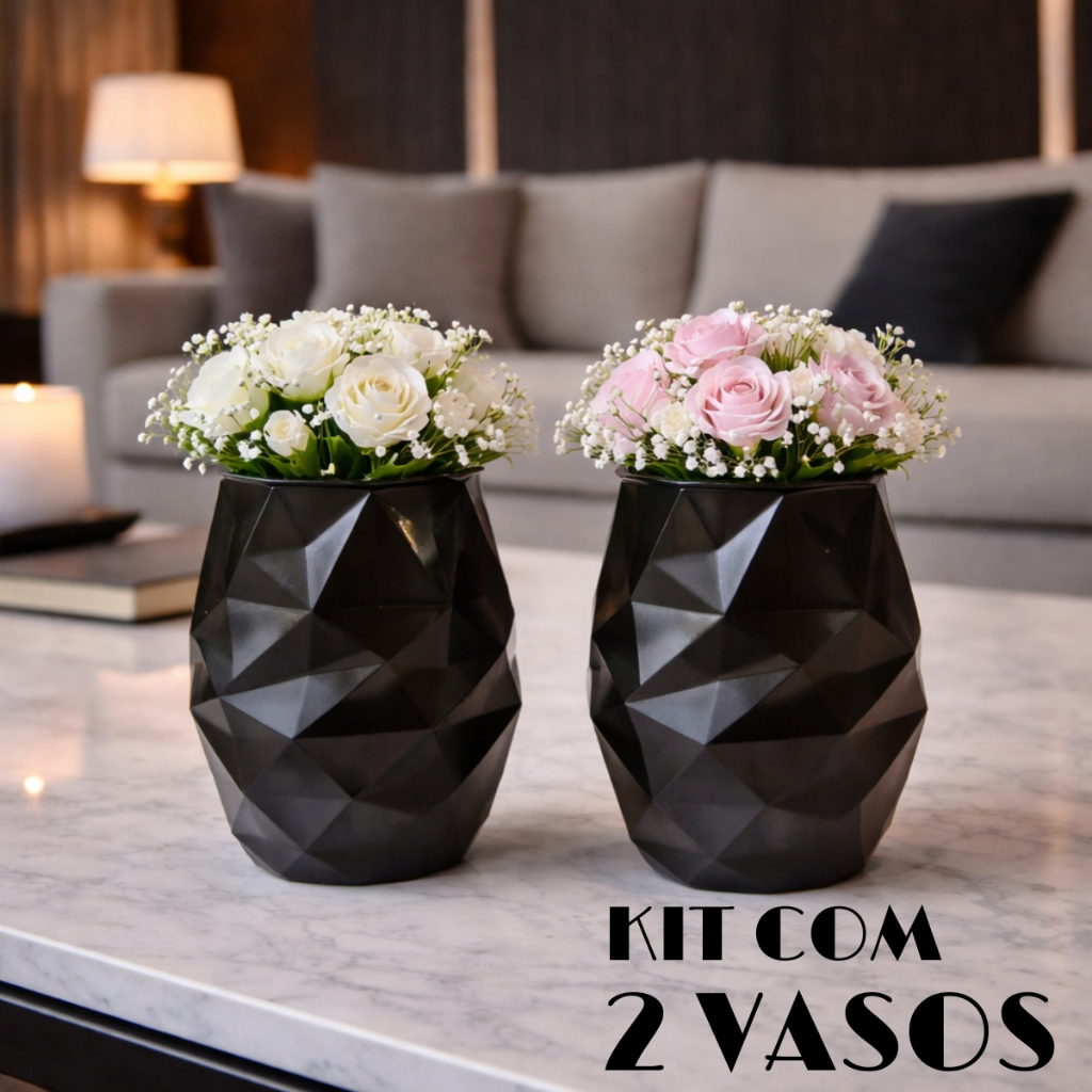 Kit 2 Vasos Decorativos Geométricos 3D Cachepot Moderno para Mesa e Sala Decoração Flores e Plantas
