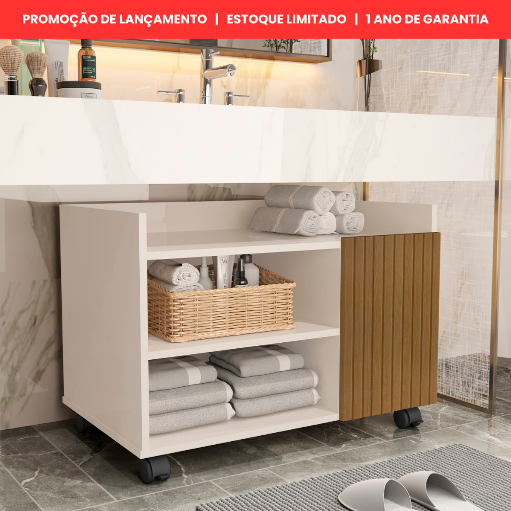 Gabinete Armário Organizador para Banheiro ou Lavabo com Rodízio Multiuso Prateleiras e Nichos