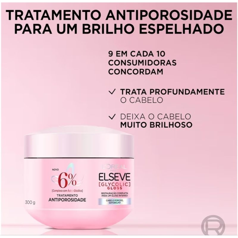 Máscara Capilar Hidratação Glycolic Gloss Tratamento Atiporosidade Elseve L'Oréal 300g Validade 05/28.