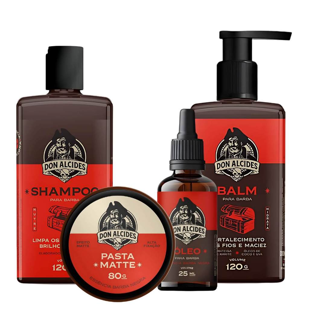 Kit para Barba - Shampoo + Balm + Óleo e Pasta Modeladora de Cabelo Don Alcides Barba Negra
