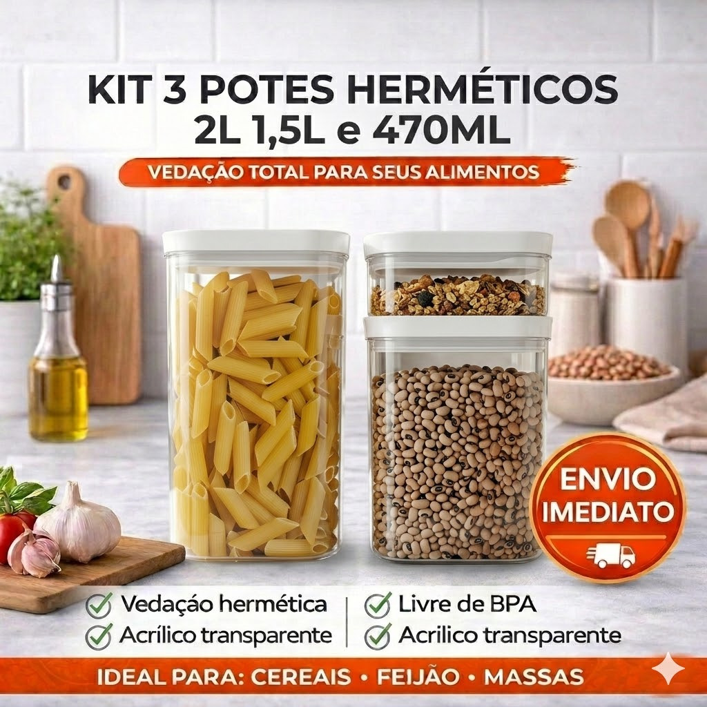 Potes Herméticos 2L / 1,5L / 470 ML Transparente Organizador Porta Mantimento BPA Free