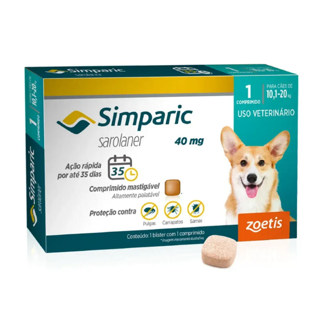 Simparic Cães 10,1 A 20 kg (40mg) Antipulgas Carrapatos Sarna 1 Comprimido