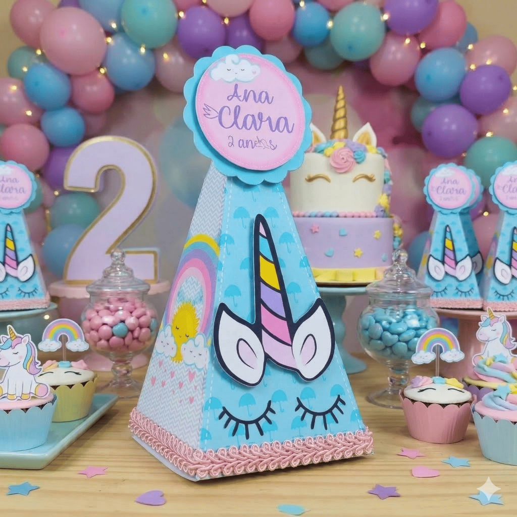 Caixa Pirâmide Cone Unicórnio Personalizados 3D Lembrancinha Infantil Menina Papelaria Personalizada