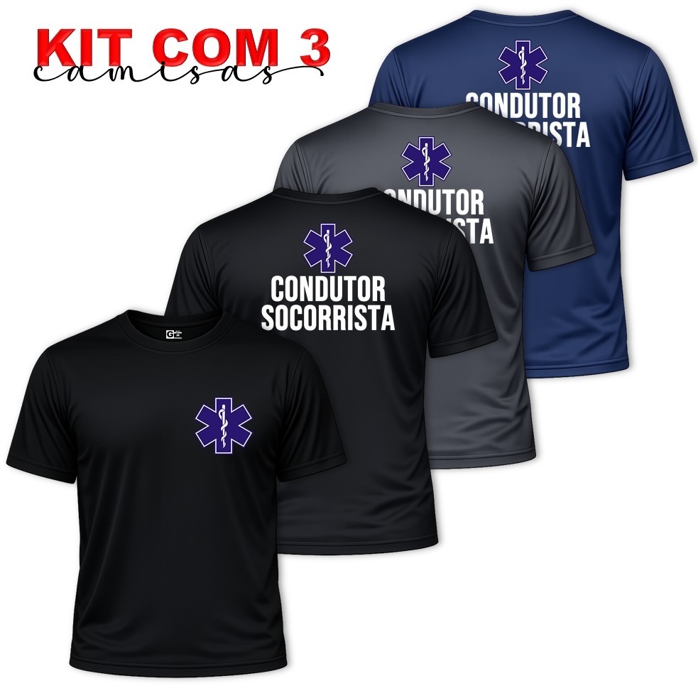 Kit 3 Camisas Masculinas CONDUTOR SOCORRISTA Samu 192 Enfermeiro Socorro Uniforme Dry Fit Básica