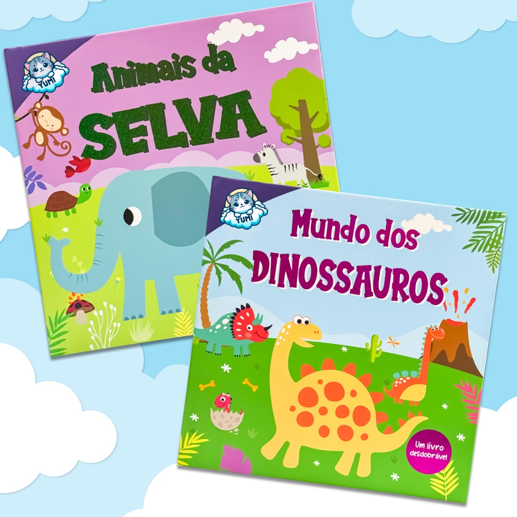 Coleção Livro Infantil Animais Fazenda Dinossauros Desdobre e Descubra Interativo + Contraste Capa Glitter