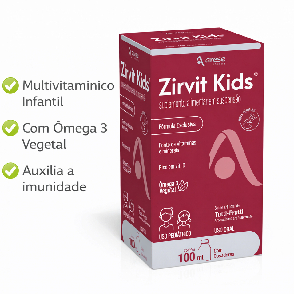 Polivitamínico Zirvit Kids 100ml Tutti Frutti - 18 Nutrientes, Ômega 3, Sem Glúten e Lactose