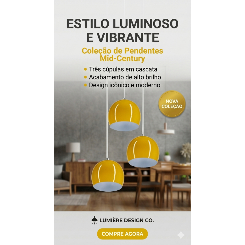 Lustre Pendente Interno Bowl Meia Lua 30 Cm Amarelo / Branco Sala