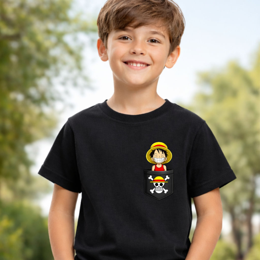 Camiseta One Piece Luffy Infantil e Adulto Preta Estampa Frente e Costas 100% Algodão