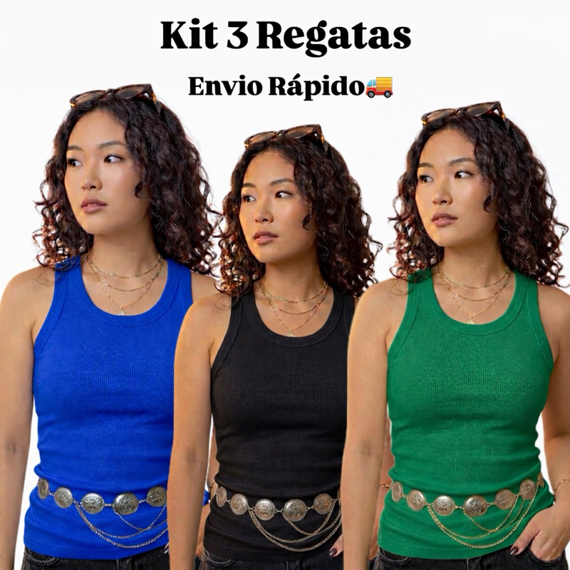 Kit 3 Blusa Feminina Regata Plus Size Canelada Elastano Regata Ribana Regata Feminina Algodão