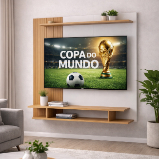 Painel Tv Até 42 Polegadas Ripado Copa do Mundo Suspenso 1 Prateleira Com Nicho Organizador