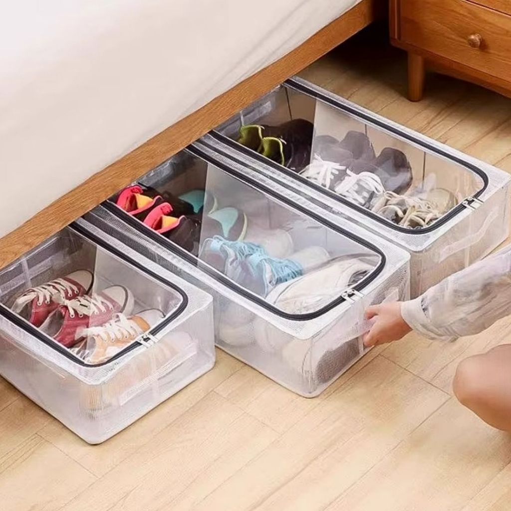 Caixa De Armazenamento Com Zíper Empilhável Para Sapatos Transparente Multifuncional Em Concha