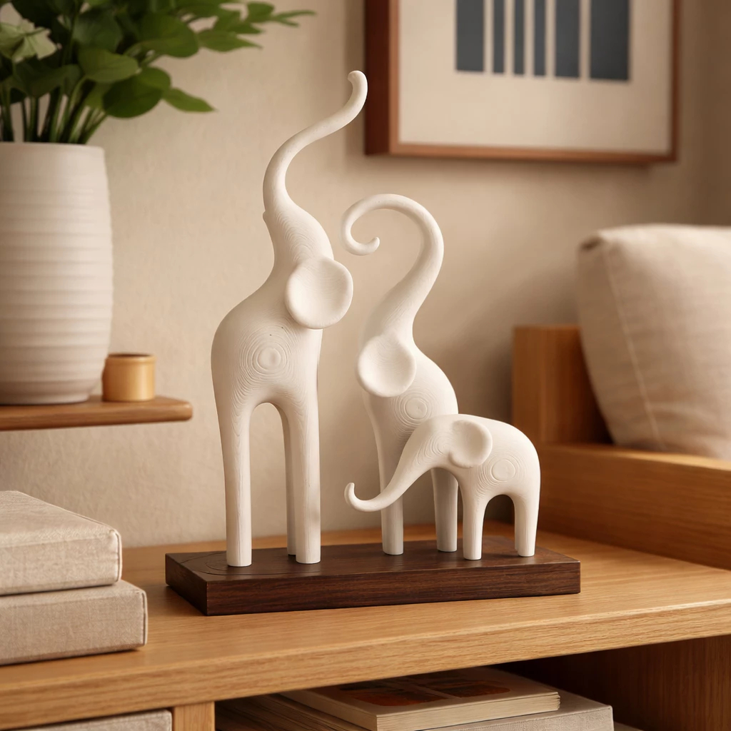 Escultura Familia Elefantes Decorativa Minimalista para Sala Casa Escritório Enfeite Moderno de Mesa