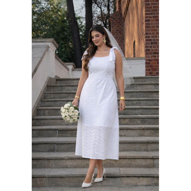 Vestido Feminino Midi Evangélico Noiva Civil Branco Premium festas verão final do ano 100% algodão
