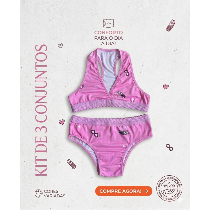 KIT 3 CONJUNTOS ESTAMPADOS INFANTIL MENINA SEM BOJO TANGA CALCINHA SEM BOJO ESTAMPADO ESCOLA NADADOR