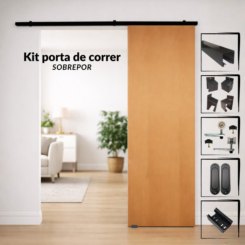 Kit trilho alumínio preto p/ porta de correr c/ suportes, roldanas, guia e conchas (sem porta)