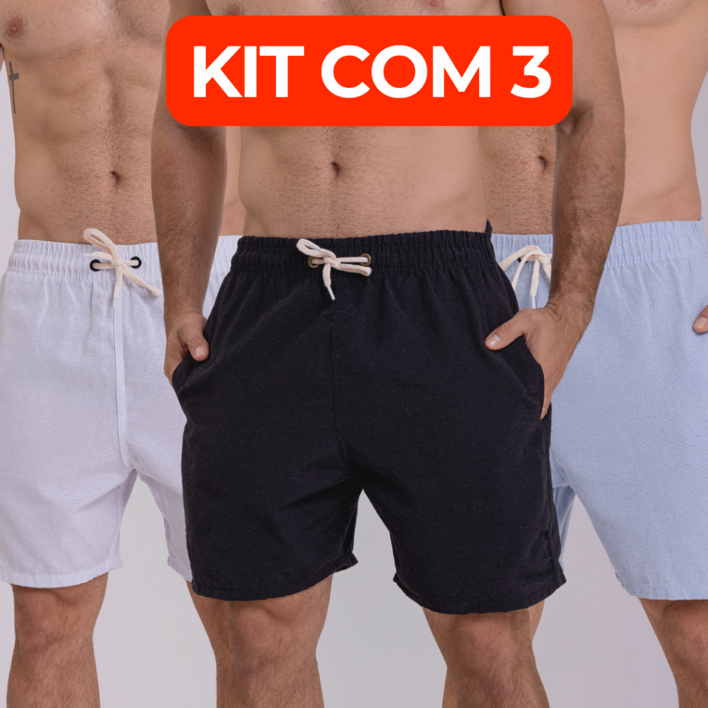 Kit 3 Short Linho Masculino Bermuda Premium Mauricinho Casual Básico Praia Verão Calção Homem Adulto em Oferta na Shopee