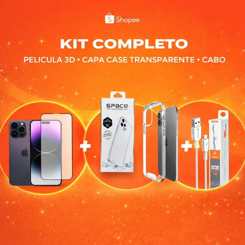 Kit Proteção Completo 3 Em 1 - Película 3d + Capa Transparente + Cabo USB | Oferta Top | Barato