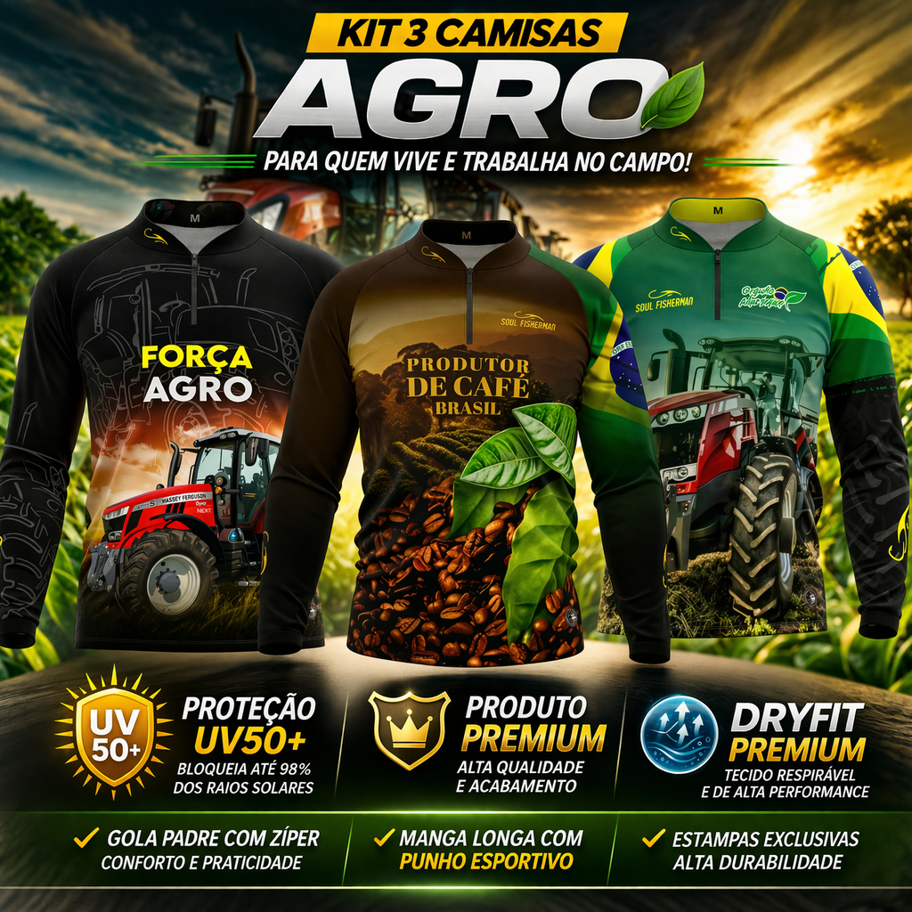 KIT COM TRES CAMISAS ESTILO AGRO, AGROPECUARIA, TRATOR PROTEÇÃO UV50+ em Oferta na Shopee