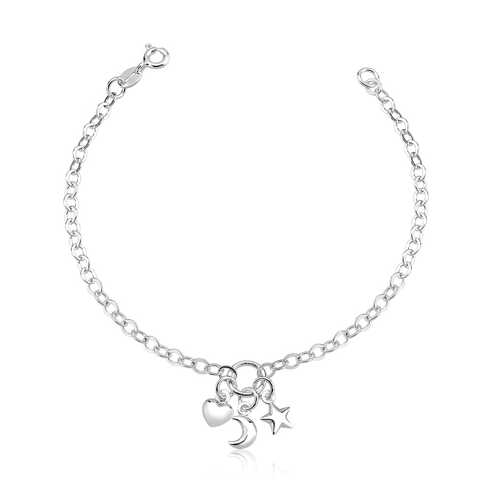 Pulseira feminina de prata 925 Patuá Coração Estrela e Lua